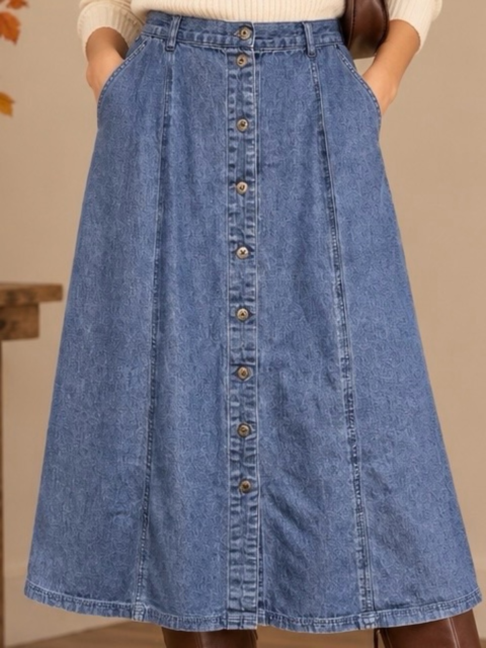 Denim Midi Skirt Size 12 Button Front A Line Cotton Blue